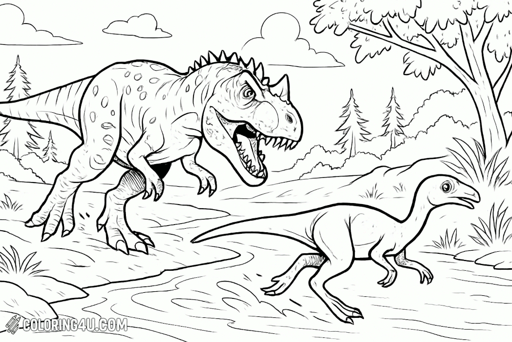 Ceratosaurus Chasing A Small Dinosaur