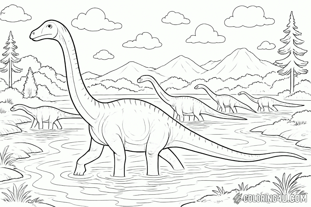 Diplodocus Herd Crossing Shallow River