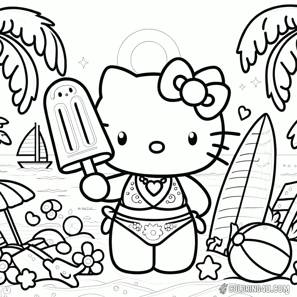 Hello Kitty Eating Ice Cream On Beach Coloring Page