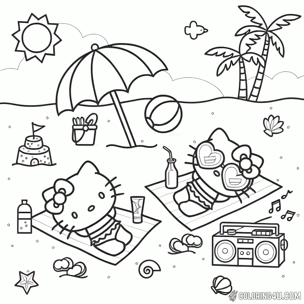 Hello Kitty Relaxing On Beach Coloring Page