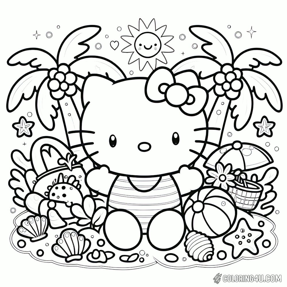 Hello Kitty Sitting Under Palm Trees Coloring Page