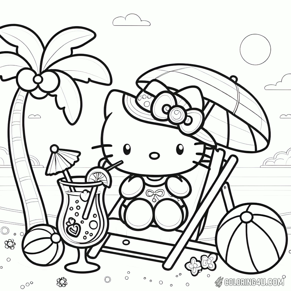 Hello Kitty Summer Beach Chair Coloring Page