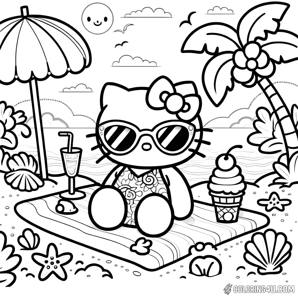 Hello Kitty Summer Vacation Sunglasses Coloring Page