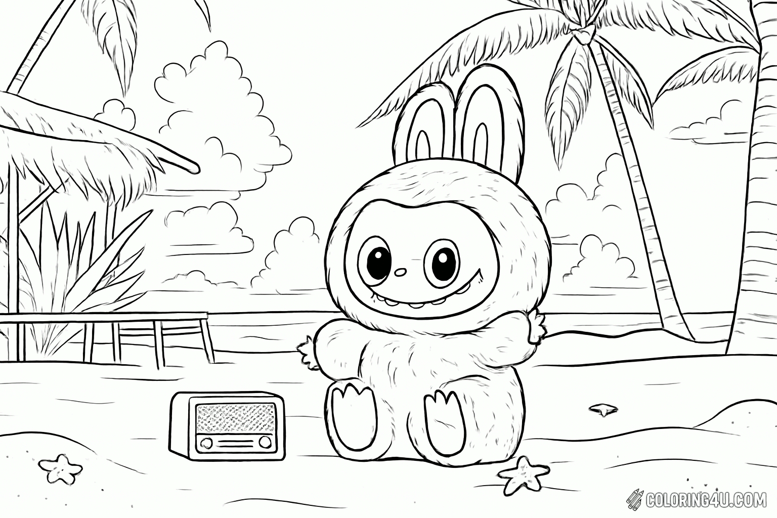 Labubu Sitting On Beach Radio Coloring Page