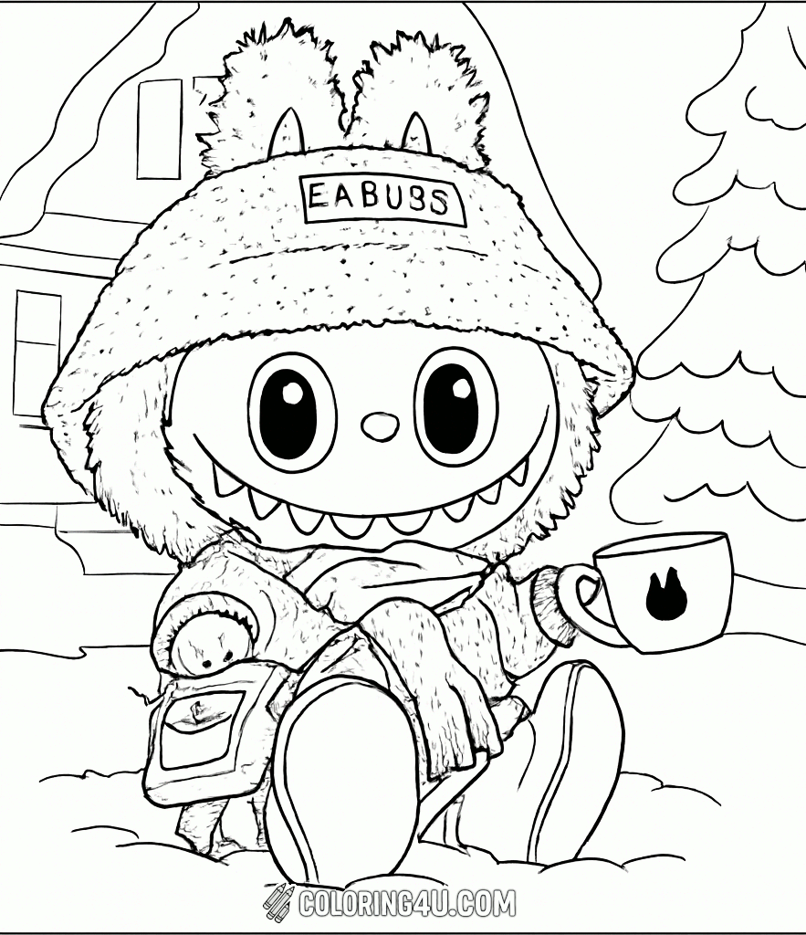 Labubu Sitting With Backpack Coloring Page