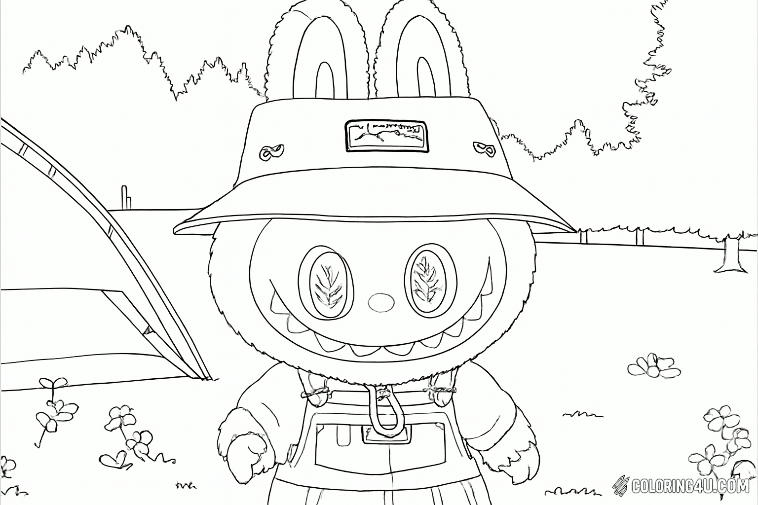 Labubu Wearing Hat In Nature Coloring Page