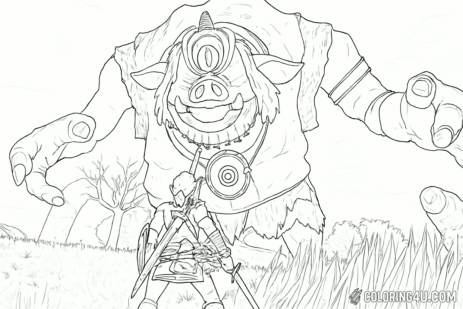 Link Facing Hinox Boss Coloring Page
