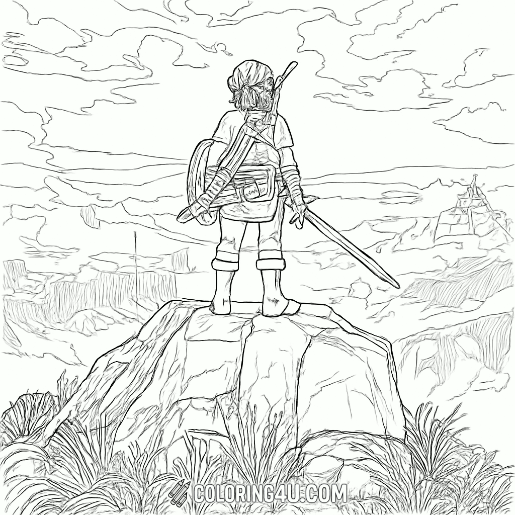 Link Overlooking Hyrule Landscape Coloring Page