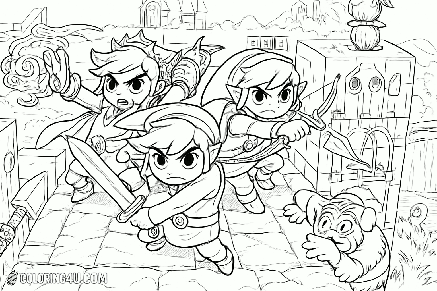Toon Link Team Action Scene Coloring Page