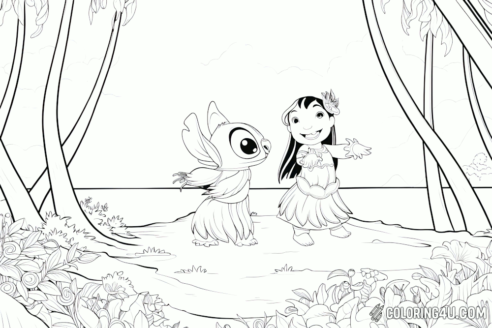 Lilo And Stitch Dancing Hula Coloring Page