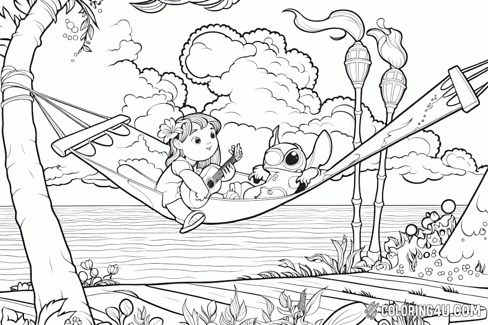 Lilo And Stitch Hammock Sunset Coloring Page