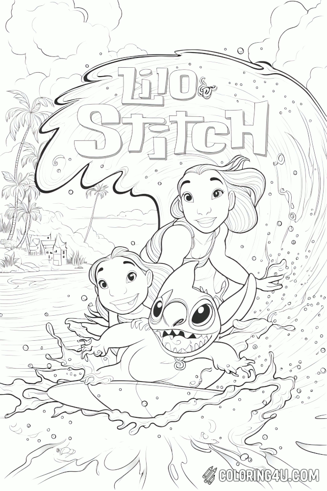 Lilo And Stitch Riding Wave Coloring Page