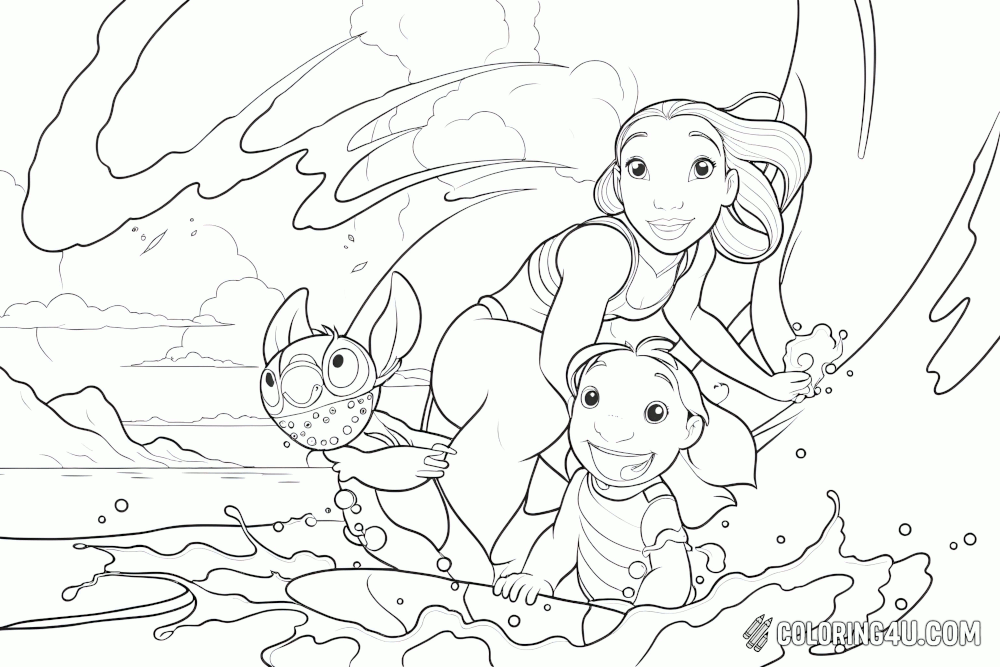 Lilo Stitch Surf Wave Coloring Page
