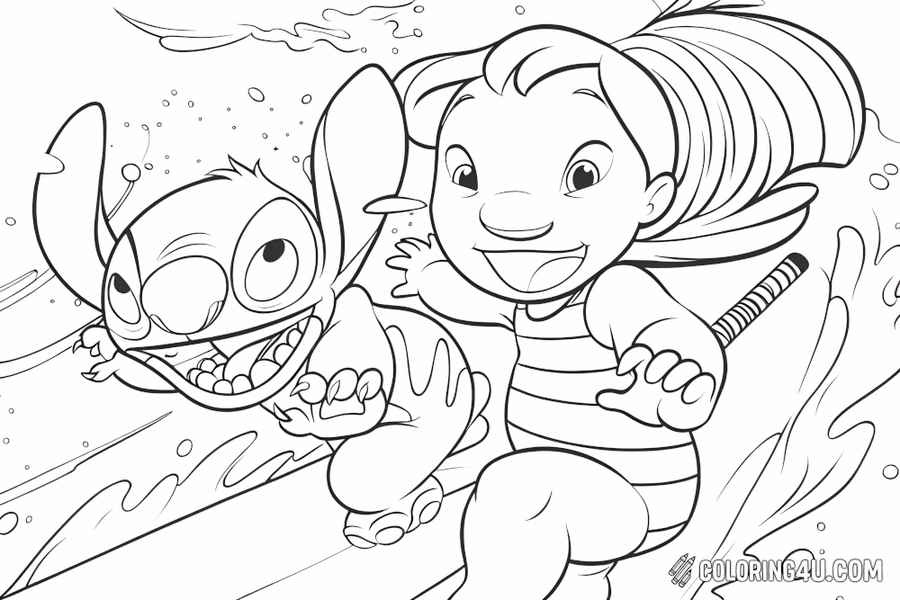 Stitch And Lilo Surfing Coloring Page