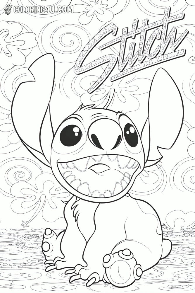 Stitch Big Smile Surf Pattern Coloring Page