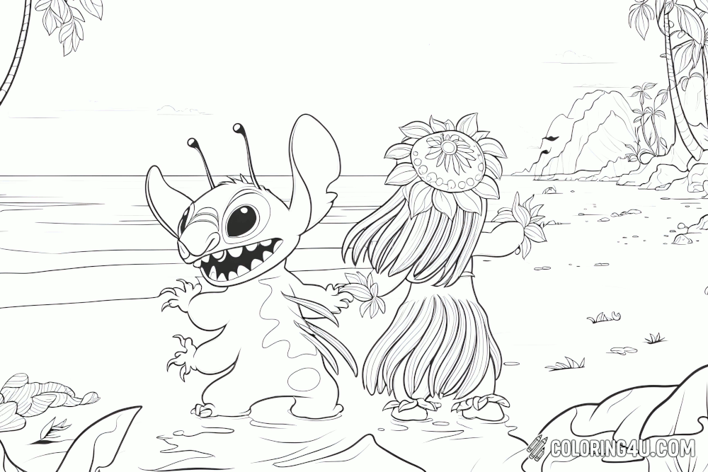 Stitch Watching Hula Dance Coloring Page
