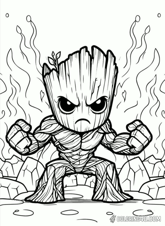Baby Groot In Flames Coloring Page
