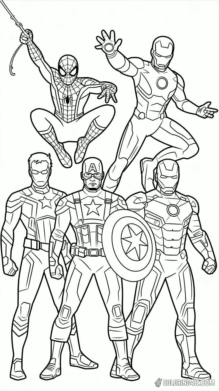 Black Panther Spiderman And Captain Marvel Group Coloring Page