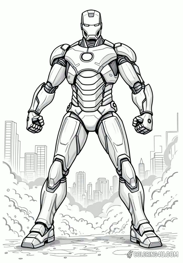 Iron Man Power Pose City Background Coloring Page