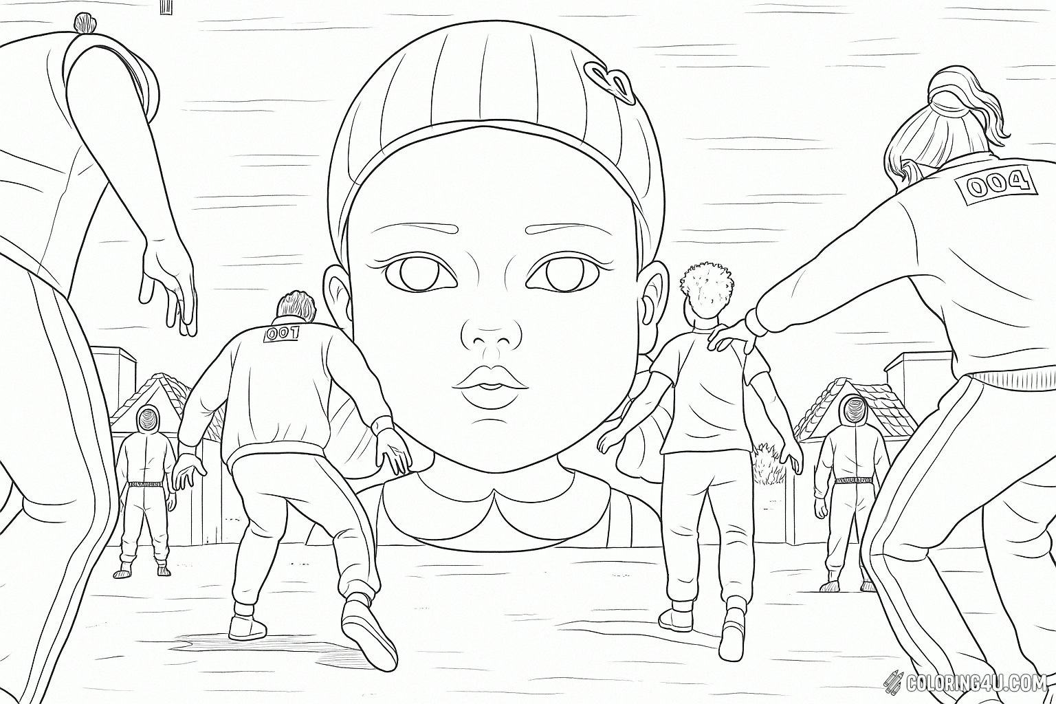 Squid Game Doll Closeup Elimination Scene Coloring Page