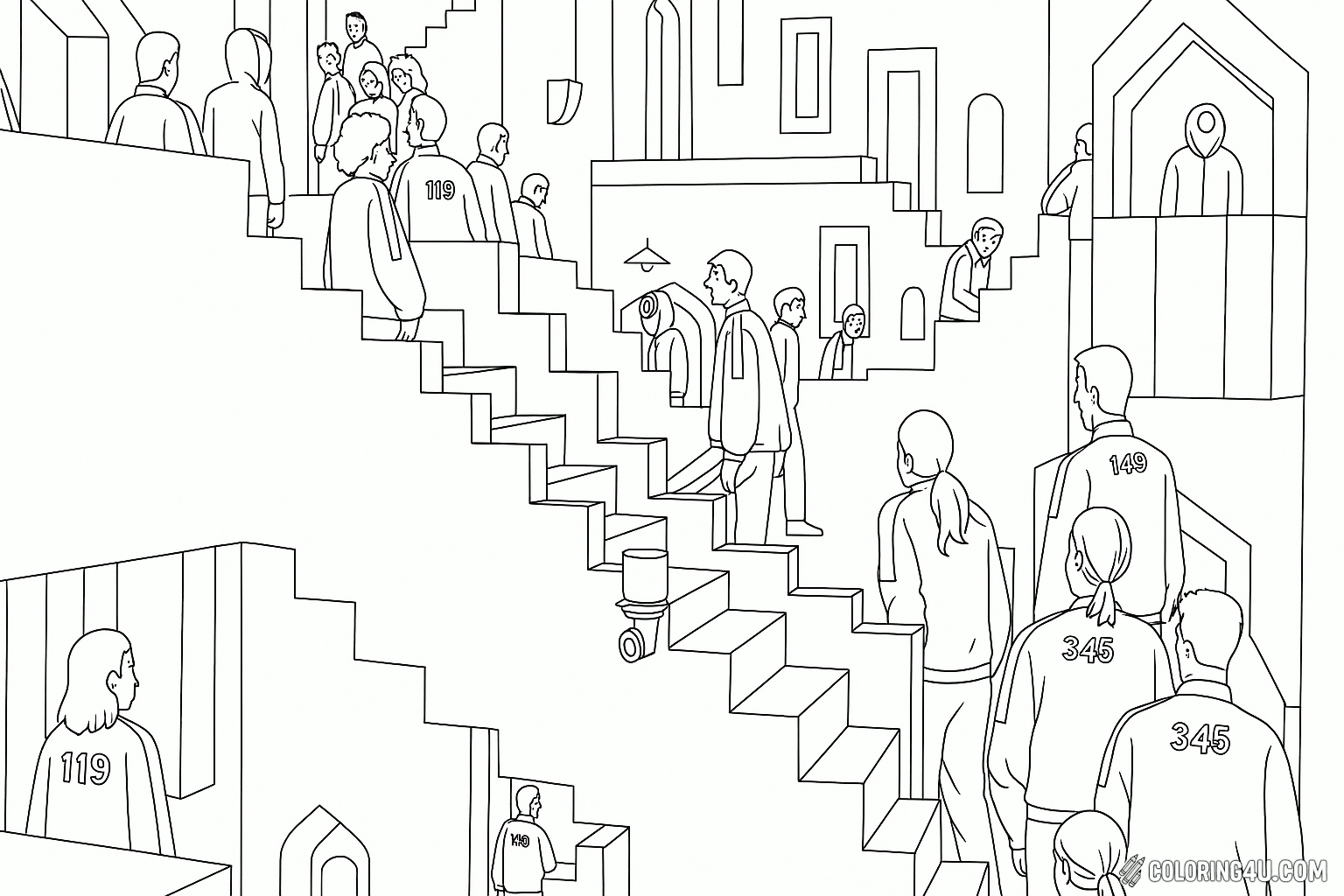 Squid Game Escher Staircase Scene Coloring Page