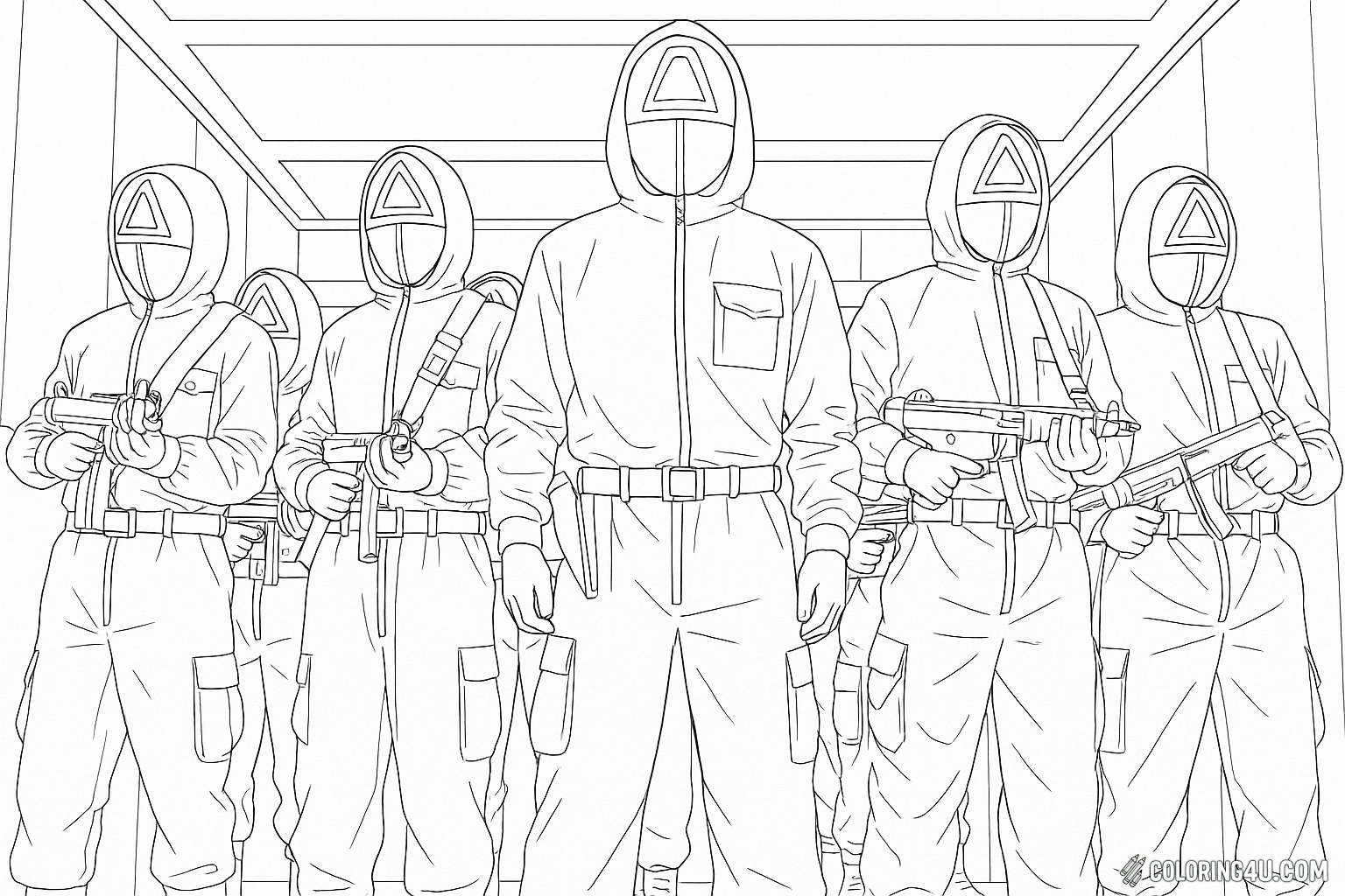 Squid Game Guards Standing In Line Coloring Page