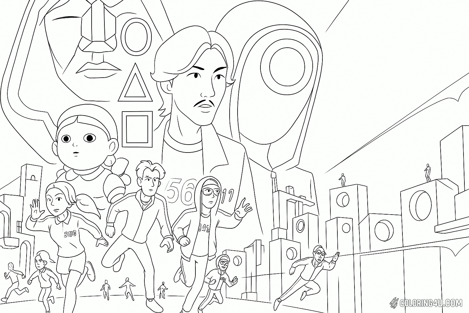Squid Game Players And Robot Control Room Coloring Page