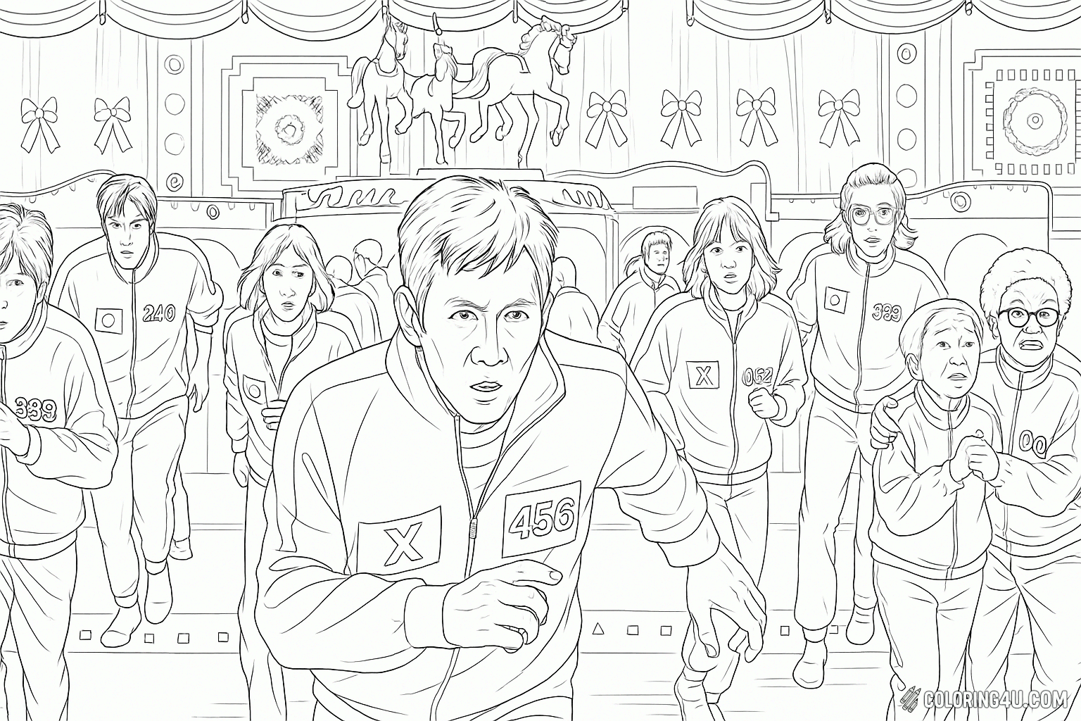 Squid Game Players Panicking Coloring Page