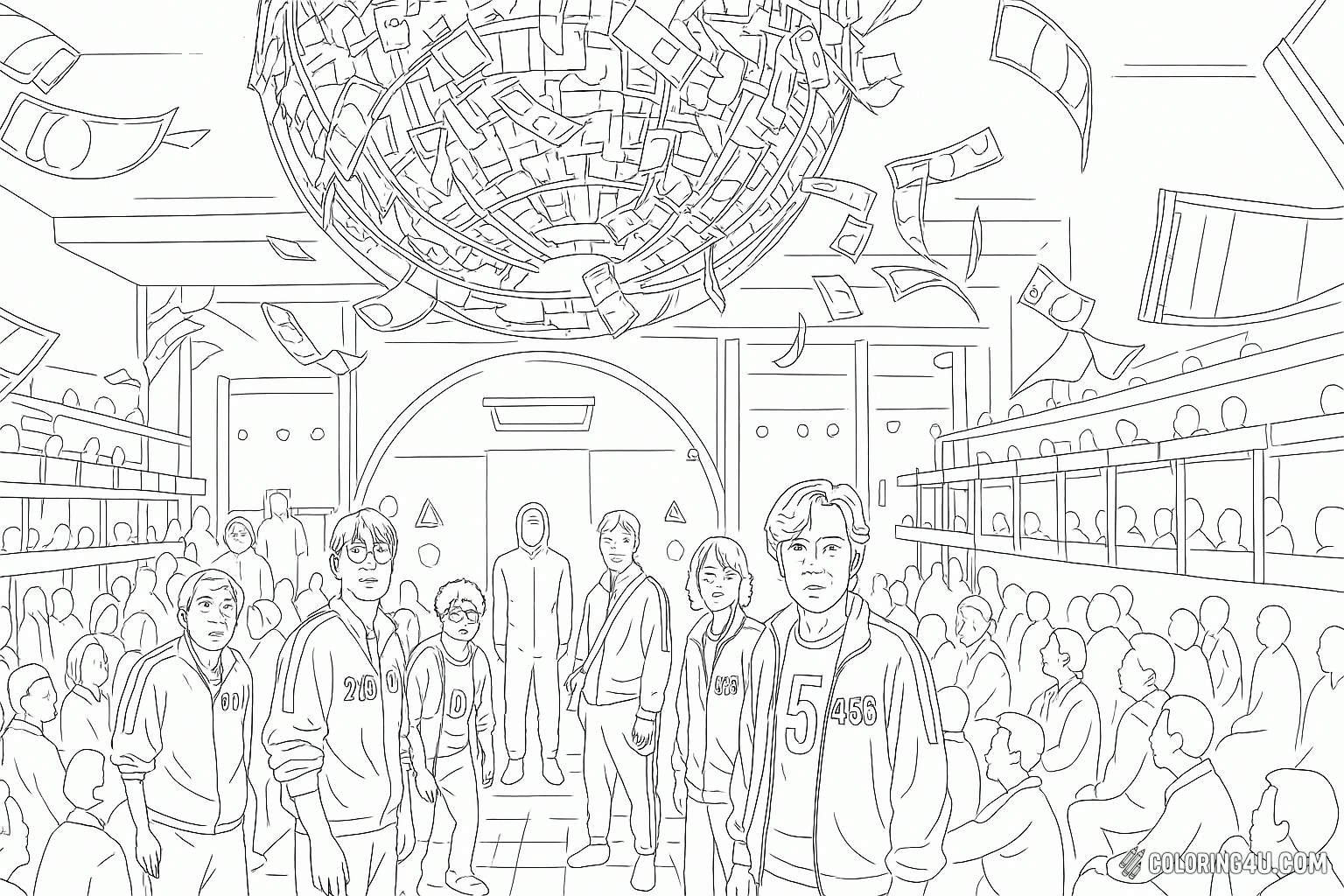 Squid Game Players Watching Ballot Drawing Coloring Page